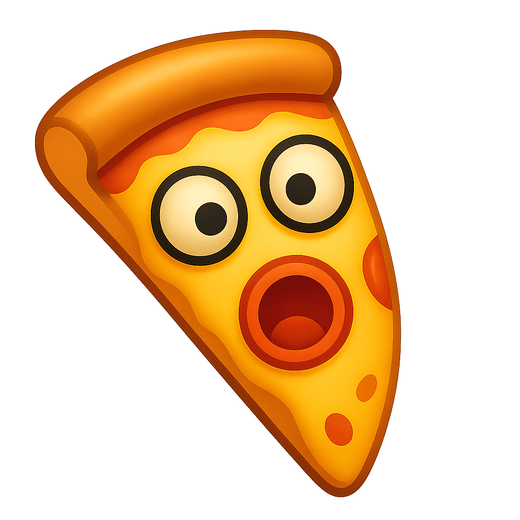 Un trancio di pizza che è stupito, con la punta verso l'alto, due olive per gli occhi e un cerchio di peperone per la bocca. Gli occhi sono disallineati e la bocca un po' storta, l'espressione della faccia è tipo stranita